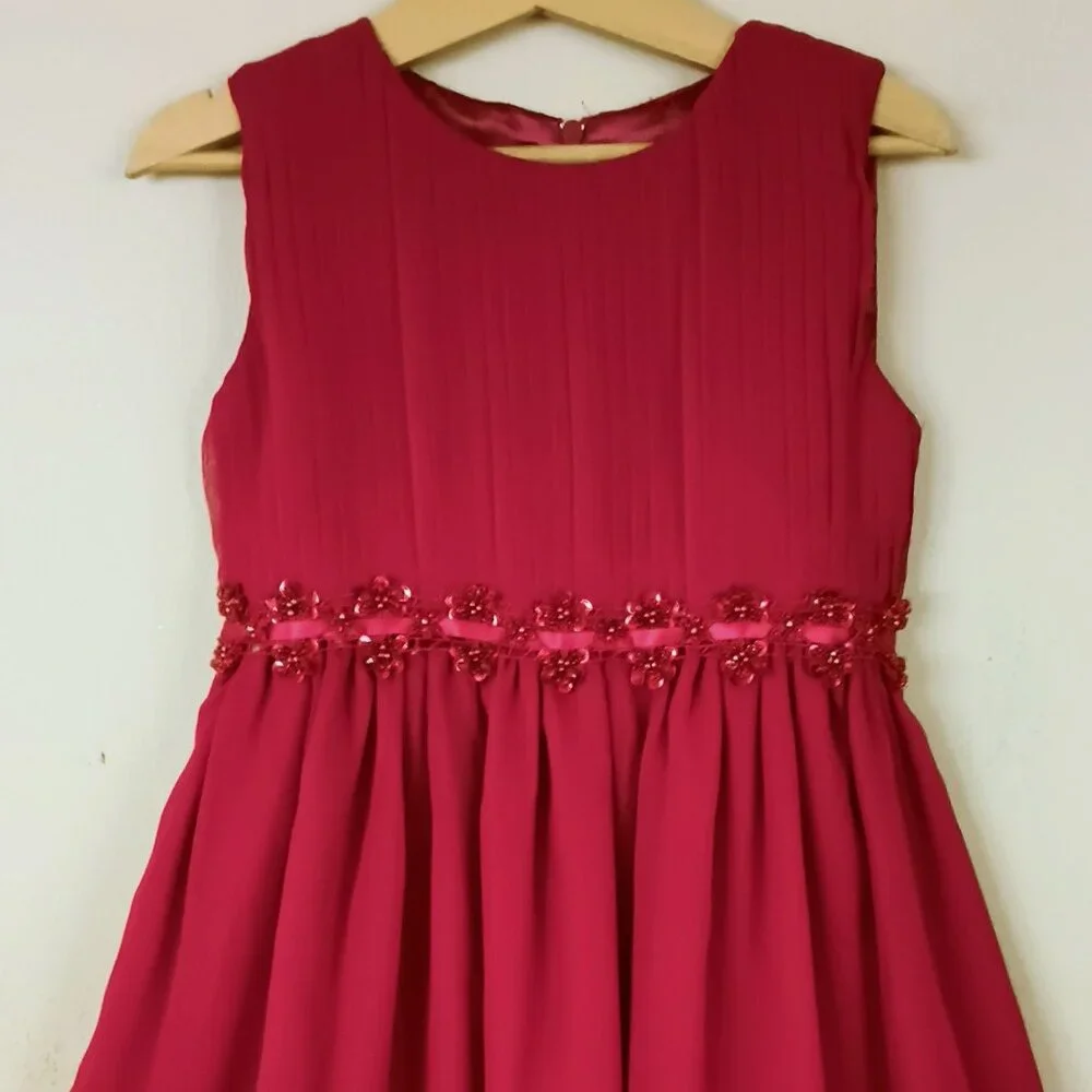 American Princess Red Chiffon Dress 5 Pleated with Floral Beaded Waist Christmas